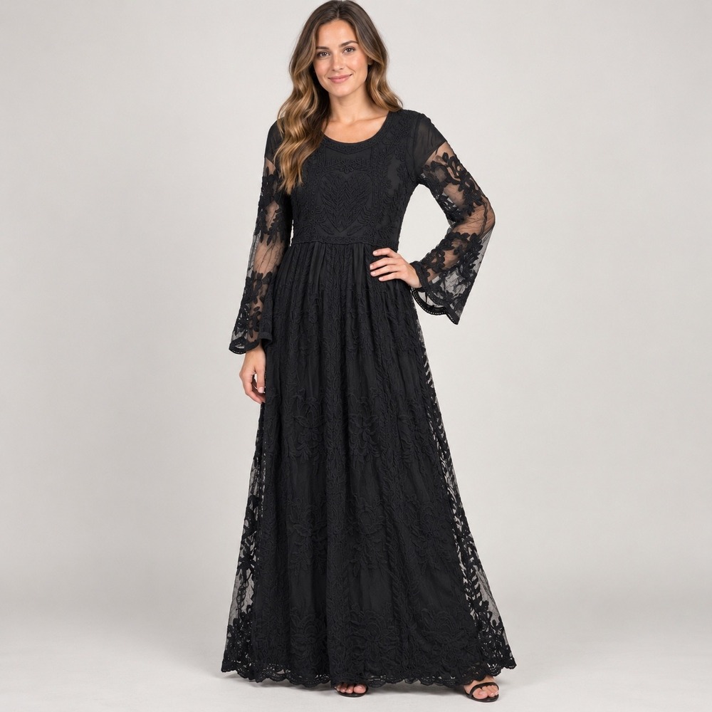PinkBlush Lace Maxi Dress Women S/M Black Sheer Long Sleeve Embroidered Romantic